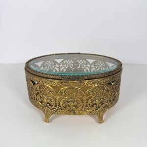 Antique Jewelry Box Ornate Gold Tone Glass Top trinket box for Vanity Oval